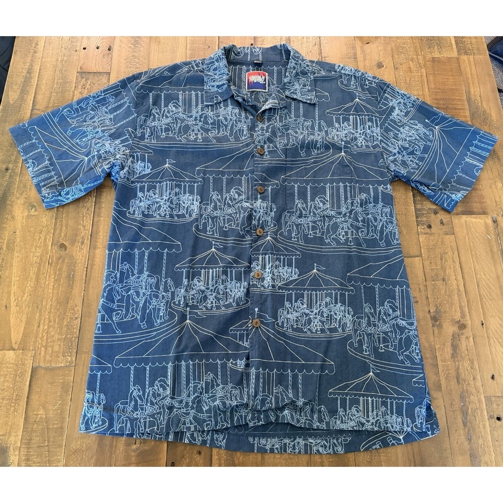 Vintage D'em Crazy Men XL Carousel Horse Merry Go Round Hawaiian Camp Shirt Blue